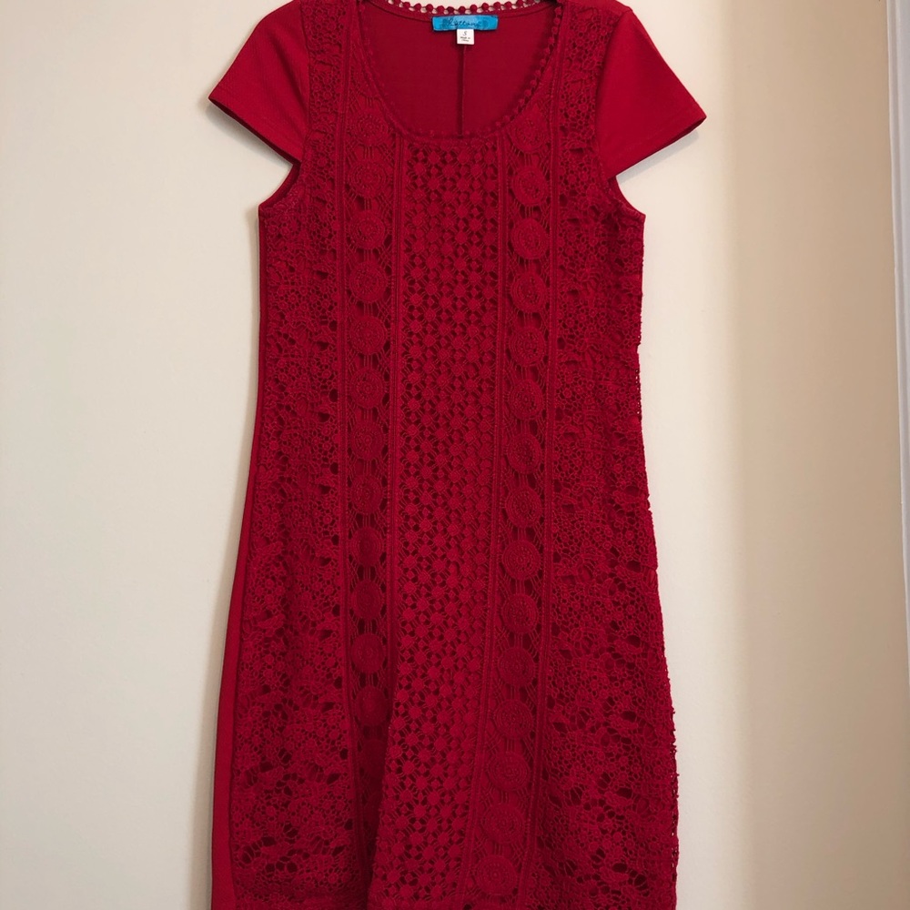Buttons Embroidered Cap Sleeve Red Dress Small